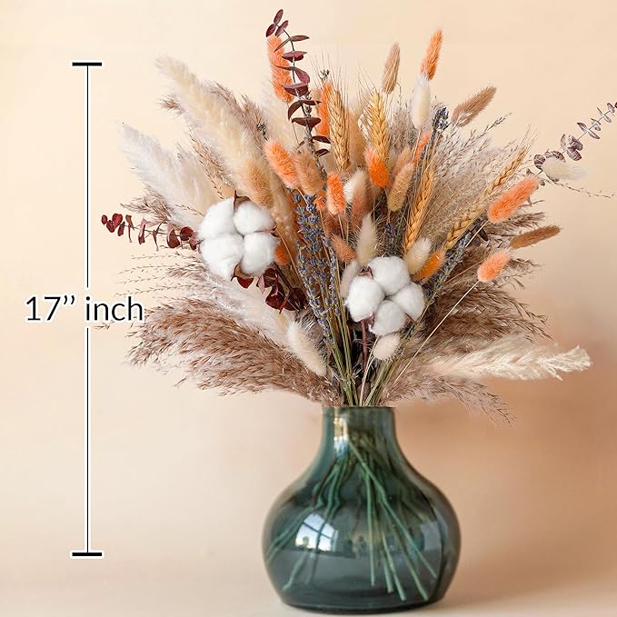 Fall Dried Flower Bouquet – Boho Fall Decor with Pampas Grass, Cotton, and Orange Bunny Tails – Autumn Floral Arrangement for Home, Mantel, or Vase – Fall Decorations for Home Indoor & Porch