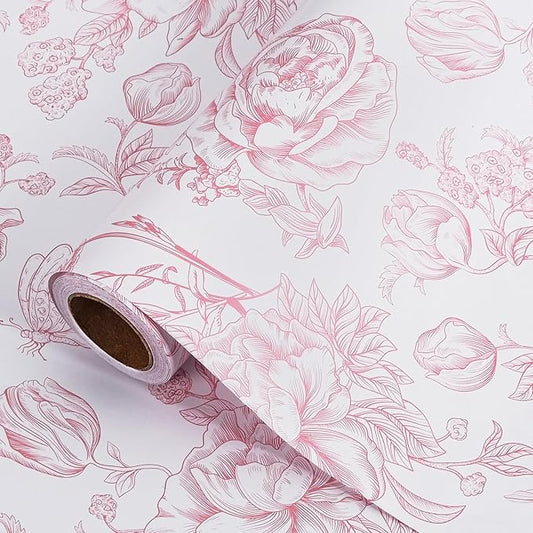 RayofSun Pink Floral Wrapping Paper Roll 17 in x 32ft Mini Roll Vintage Toile Flower Gift Wrap Paper for All Occasion Wedding Birthday Bridal Shower Party Baby Shower Christmas