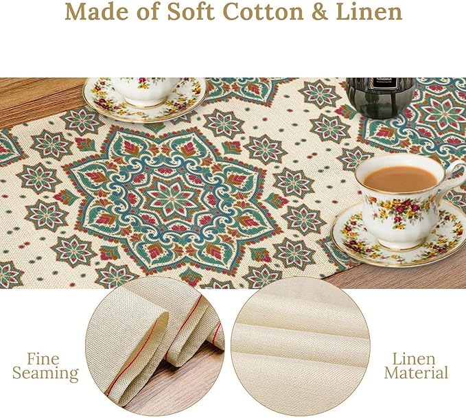 Boho Table Runner, Colorful Bohemian Mandala Geometric Floral Table Runner for Kitchen Dining Home Party Decoration, 13x90 Inch