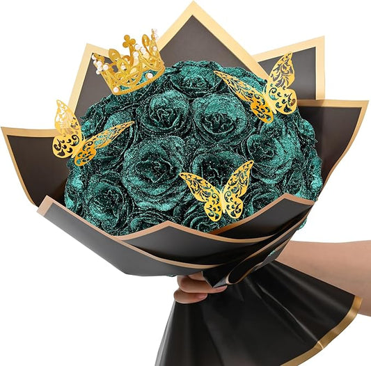 Waipfaru Glitter Roses Bouquet, DIY Fake Flowers Bouquet, Birthday Gifts for Women Mom, 24 Pcs Dark Green Rose for Wife Girlfriend Valentines, Mothers Day, Anniversary, Graduation