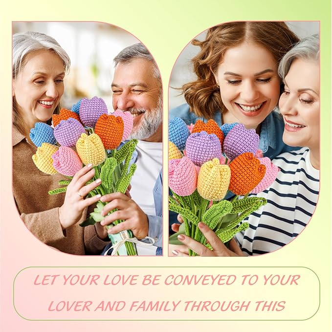 TLY 10 Pcs Crochet Tulips Flowers Artificial Flowers Bouquet Finished Handmade Knitted Tulip Bouquets with Leaf and Long Stem for Home Centerpieces Decor Valentine's Day Wedding Anniversary
