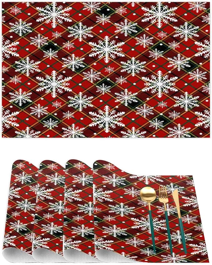 Christmas Xmas Waffle Art Snowflake Placemats Set of 4 PVC Vinyl Non Slip Table Mats Heat Resistant Place Mats Washable Wipeable Dining Table Mat for Kitchen Decor Party Indoor Outdoor Decorative Gift