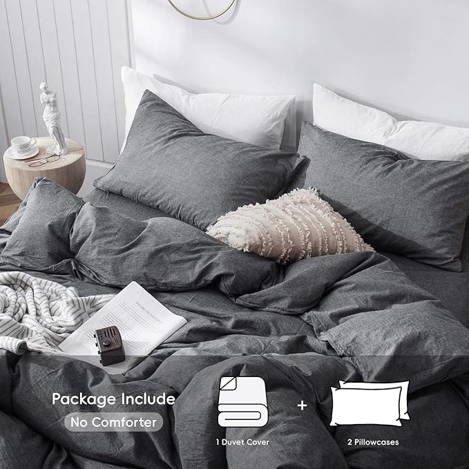 MooMee Bedding Duvet Cover Set 100% Washed Cotton Linen Like Textured Breathable Durable Soft Comfy (Heathered Dark Grey, Alaska King 132"x120")