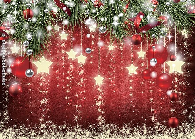 SJOLOON Christmas Backdrops Red Ball Theme Background Shining Stars Background New Year Backdrop for Christmas Party Decoration Banner Photo Shoot 12364 (10x8FT)