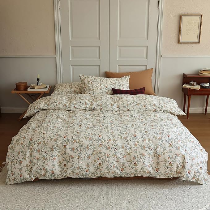EAVD Vintage Botanical Floral Duvet Cover Queen - Soft Cotton Chic Shabby Garden Bedding Set With 2 Pillowcases, Fresh Reversible Comforter Cover With Zipper Closure