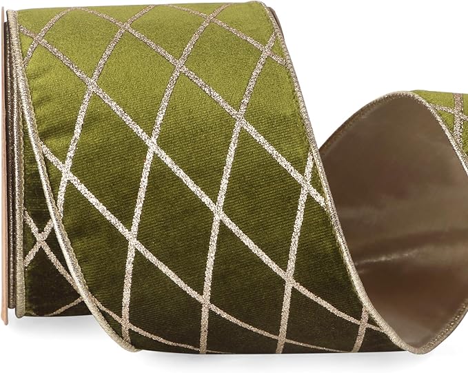 Ribbli Moss Green Velvet Ribbon Wired with Glitter Diamond Grid 4 Inch Christmas Ribbon for Christmas Tree Decoration Big Bow Gift Wrapping Crafts Wreaths Garland Supplies - 10 Yards