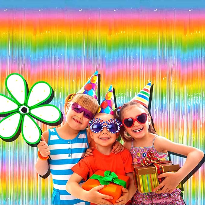 4 Pack Rainbow Tinsel Foil Fringe Curtain Backdrop, 3.28Ft x 8.2Ft Colorful Metallic Streamers for Photo Booth Props Wedding Bridal Shower Bachelorette Birthday Easter Christmas Party Decoration