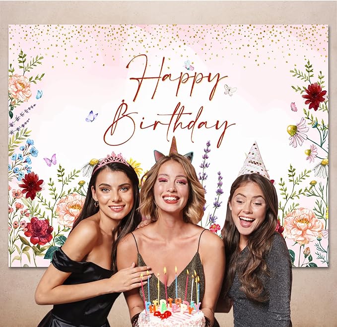Wildflower Happy Birthday Backdrop Banner Girls Floral Birthday Decorations,Spring Watercolor Wild Flower Bday Background Women Girls Wildflower Themed 1st Birthday Party Decor Photo Booth Props 7x5ft