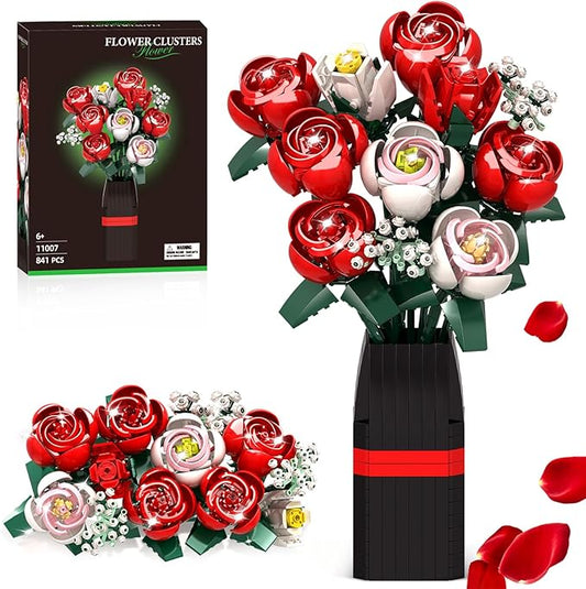 OKKIDY Roses Flowers Bouquet Building Set for Adults with Vase, Red Rose Artificial Flower Botanical Collection Plant Toy Kit, for Her Women Wife Mom, Home Decor(841PCS)