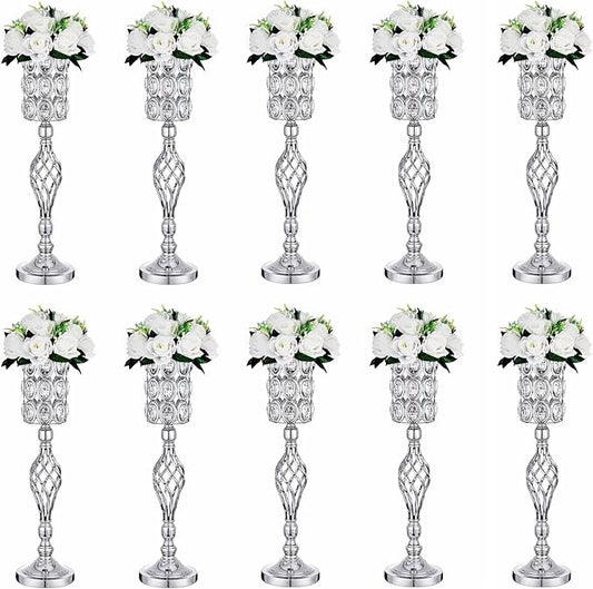 Set of 10 Metal Diamond Crystal Wedding Centerpiece Vases for Tables, 24in Silver Versatile Tall Flower Holders Centerpiece Flower Stands for Wedding Party Reception Home Décor