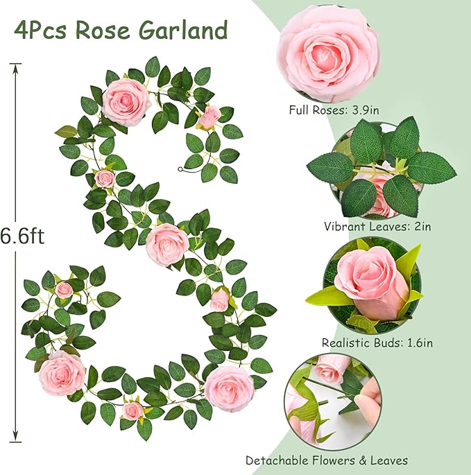 4 Pcs Flower Garland, 26.4 Ft Pink Floral Garland Fake Flowers for Wedding Arch Party Wall Garden Room Decor