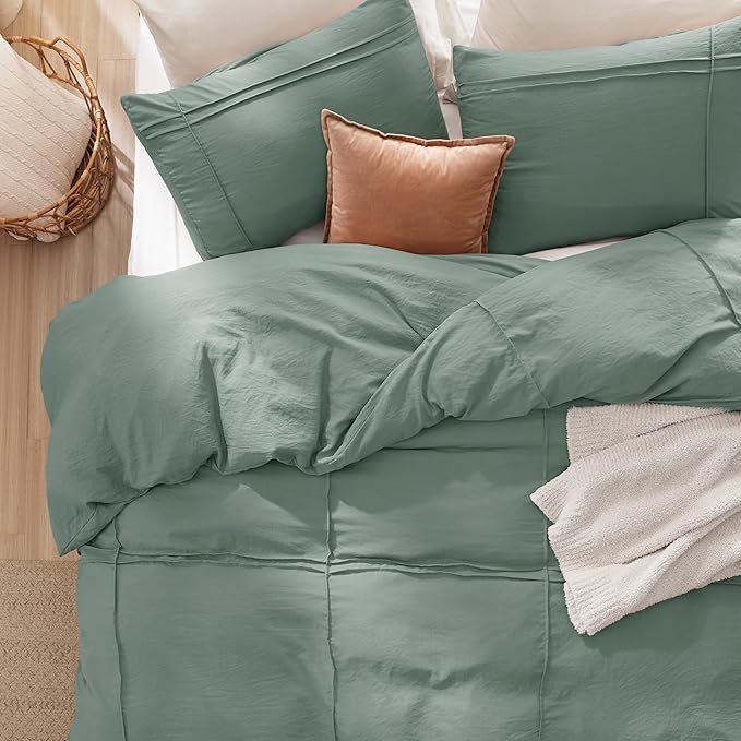 Bedsure Grid Boho Duvet Cover Queen Size - Shabby Chic Tufted Boho Bedding Set, 3 Pieces Shabby Chic Home Bedding for All Seasons, Includes 1 Queen Duvet Cover & 2 Pillowcases (Green, 90" x 90")