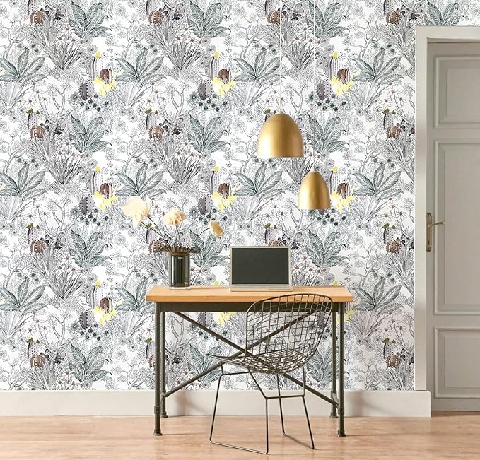 Wudnaye Gray Floral Peel and Stick Wallpaper Vintage Contact Paper 17.7 inch × 196.8 inch Self Adhesive Cactus Wall Paper Stick and Peel Flower Removable Botanical Wallpaper for Bathroom Boho