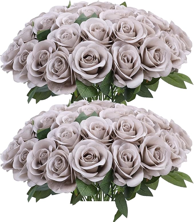 52pcs Grey Roses Artificial Flowers Fake Flowers Silk Roses with Stems for DIY Wedding Bouquets Bridal Shower Centerpieces Arrangements Party Decorations