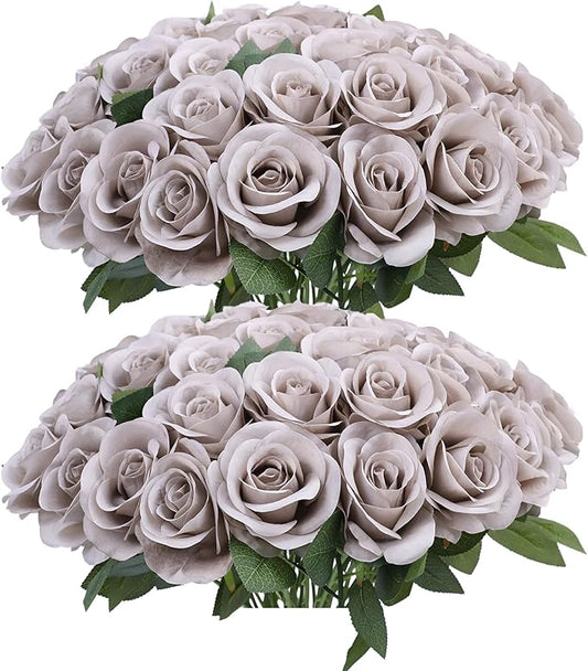 52pcs Grey Roses Artificial Flowers Fake Flowers Silk Roses with Stems for DIY Wedding Bouquets Bridal Shower Centerpieces Arrangements Party Decorations