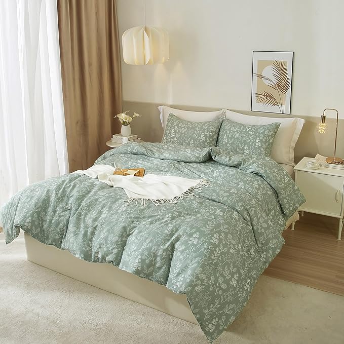 EAVD Garden Style Sage Green Floral Duvet Cover Twin XL Soft Cotton Chic Shabby Small Floral Bedding Set with 2 Pillowcases Fresh Reversible Botanical Duvet Cover with Zipper Closure