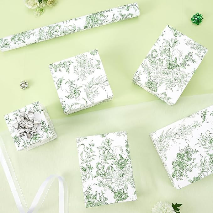 WERNNSAI Flower Gift Wrapping Paper Roll - 1 Roll 17”x 33 ft Bouquet Wrapping Paper Green Floral Wrapping Paper for Girls Birthday Party Women Wedding Gift Wrap Supply