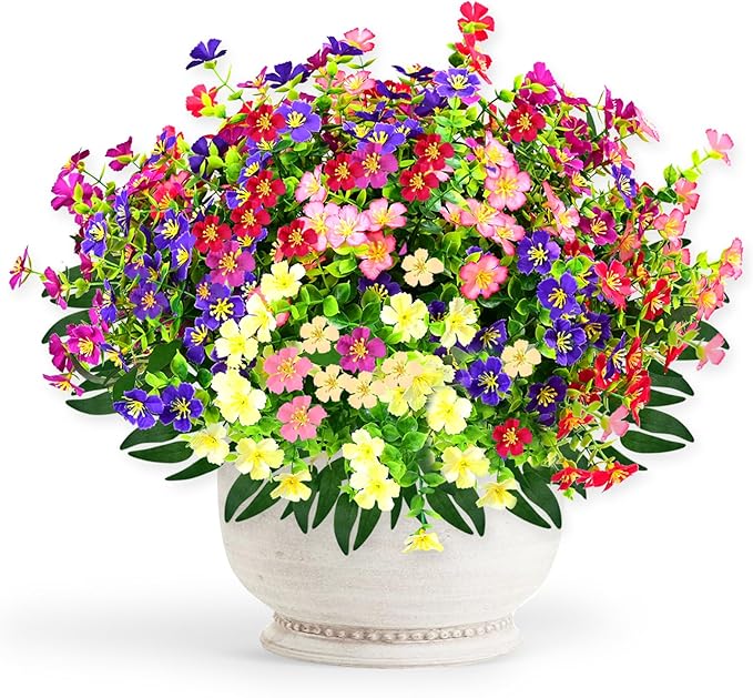 Artificial Faux Plants Flowers Outdoor Decoration,16 Bundles Fake Silk Colorful Daisy Eucalyptus Realistic UV Resistant for Outside Home Planter Porch Patio Yard Decor (red, white, pink,purple, green)