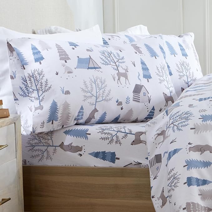 Market & Place 100% Turkish Cotton Flannel Sheet Set | 3 Piece Deep Pocket Novelty Cozy Winter Bed Sheets | Double Brushed for Extra Softness & Comfort | Alpine Collection (Twin, Winter Wildlife)