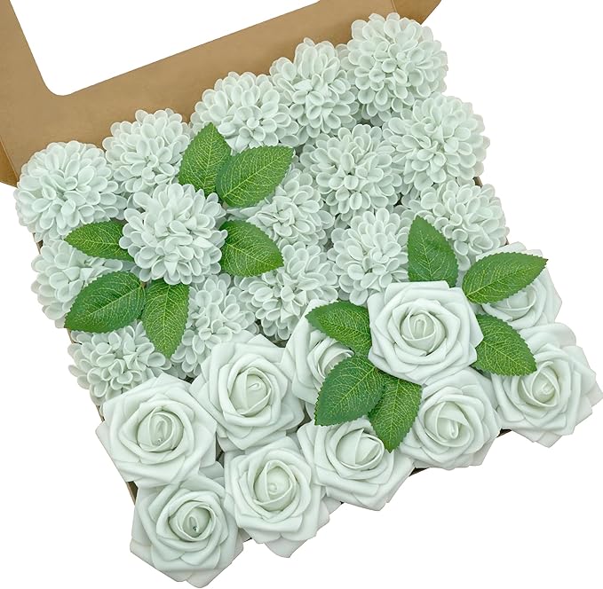 Artificial Flowers, 100pcs Artificial Rose for DIY Wedding Bouquets Centerpieces Arrangements, Light Green Rose Flowers with Stem for Bridal Shower Party Home Decorations