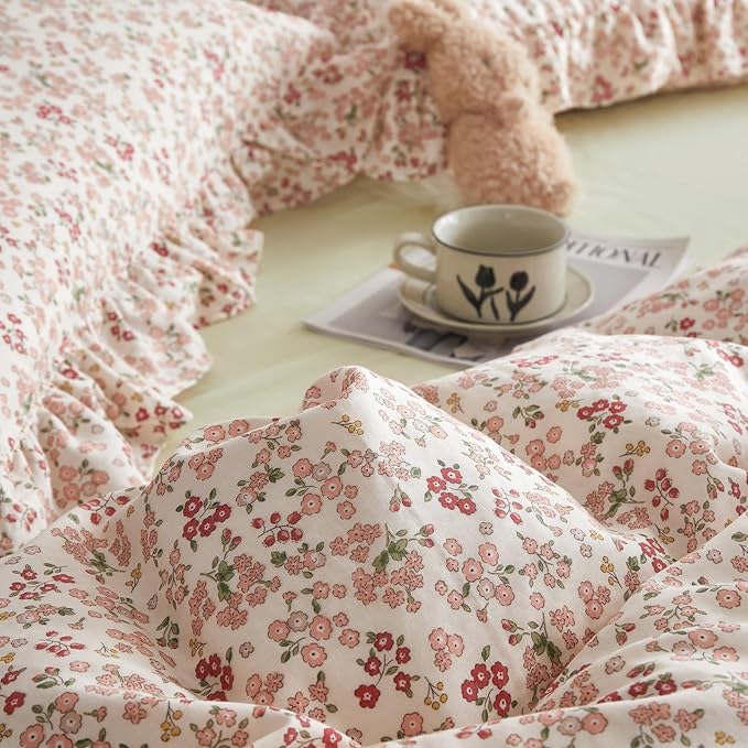 Pink Flower Duvet Cover Set Twin XL 100% Cotton Cute Floral Duvet Cover with Ruffle Pillowcases Girls Cottagecore Bedding Set Aesthetic Garden Style Flower Blooming Comforter Cover with Zipper Closure