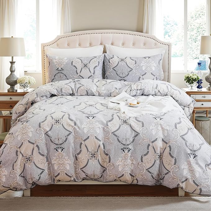 100% Natural Cotton Duvet Cover Set King 3 Pcs Grayish Duvet Cover with Luxurious Damask Pattern, Reversible Breathable Soft Comforter Cover Sets with Zipper Closure All Season