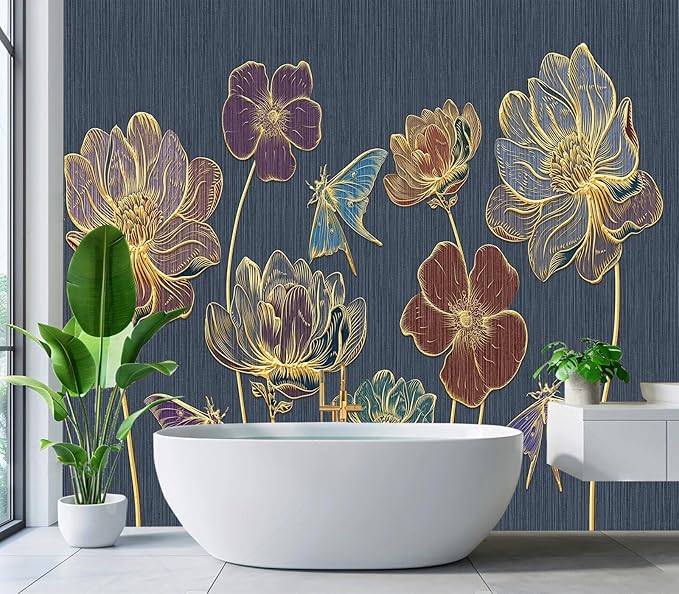 Eierme-Gold Embossed Plants and Flowers Mural Wallpaper Peel and Stick 160" x 114"
