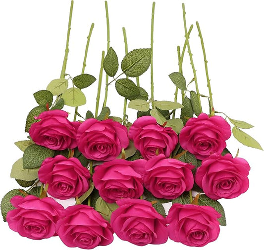 12pcs Roses Artificial Flowers Real Touch Fake Flowers with Long Stems Silk Flowers for Wedding Bouquet Centerpices Decorations Party Bridal Baby Shower Home Decor (Hot Pink)