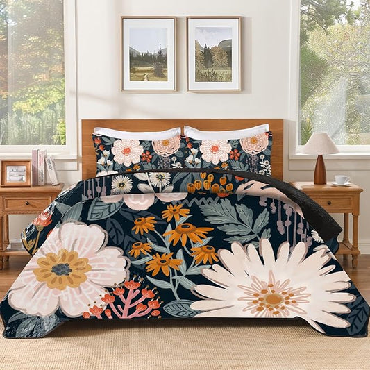 Andency Floral Boho Quilt King Size Bedding Set Dark, 3 Pieces Farmhouse Flower Botanical Summer Bedspreads with 2 Shams, Soft Reversible Lightweight Microfiber Coverlet Set for All Season, 106"x96"