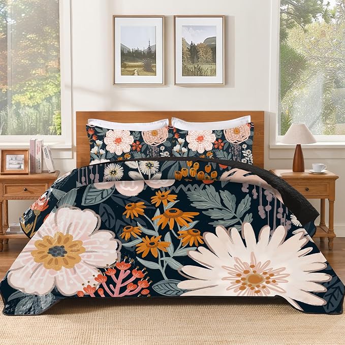 Andency Floral Boho Queen Quilt Bedding Set Dark, 3 Pieces Farmhouse Flower Botanical Summer Bedspreads with 2 Shams, Soft Reversible Lightweight Microfiber Coverlet Set for All Season, 90"x96"