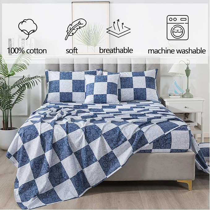 FADFAY Paisley Queen Size Plaid Navy Blue Sheets 100% Cotton Geometric Checker Bedding Teens Grid Grey Gingham Pattern College Bedding Deep Pocket Sheets with 2 Pillowcases Ultra Soft 4pcs, Queen
