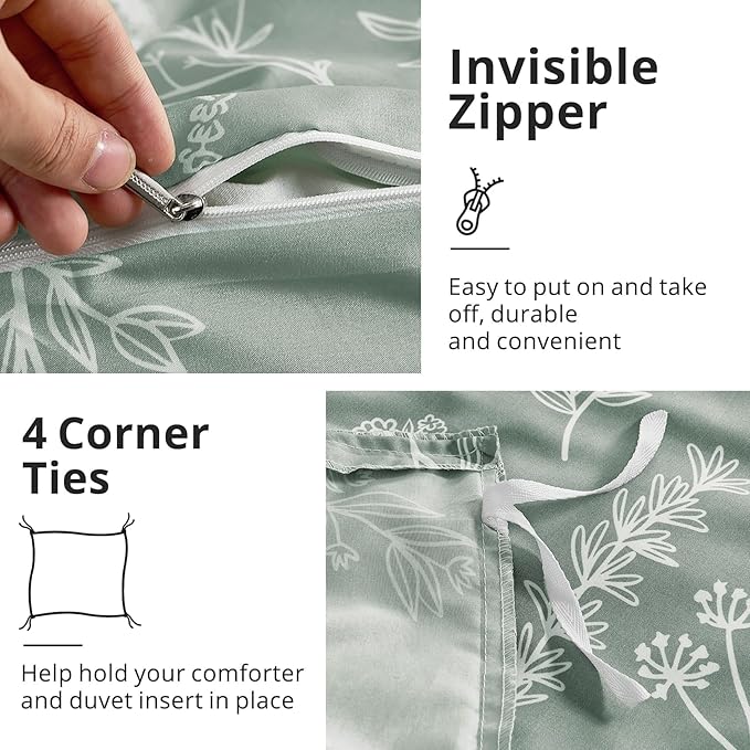 MUXHOMO Duvet Cover Queen Size, Reversible Floral Green Duvet Cover Set with Zipper Closure, 3 Pieces Botanical Patterns Soft Microfiber Bedding Set with 4 Ties (90"x90", 2 Pillow Cases)