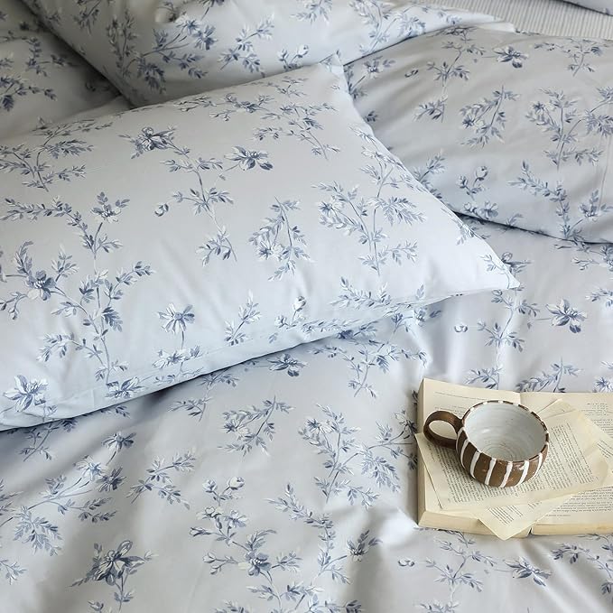HighBuy Boho Style Comforter Set Full Size Blue Floral Print Bedding Comforters Bohemian Bedding Sets 3 Piece for All Season Comfy Soft Full Bed Comforter with 2 Pillowcases