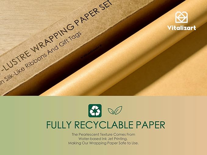 Vitalizart Gold Wrapping Paper Set 30" Pearly-Lustre With Silk Like Satin Ribbon & Gift Tags Recyclable Christmas Gift Wrapping Birthday Baby Shower Wedding Handmade Crafts 197"(16.4 Ft)