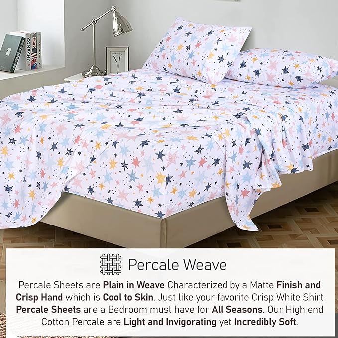 RUVANTI 100% Cotton Twin Sheets Set, 3 Pieces, Soft & Breathable Percale Weave Bedding, Deep Pocket 16", Hotel Standard, Crisp Cool Feel, Durable, Perfect Floral Bed Sheet, Fault Star