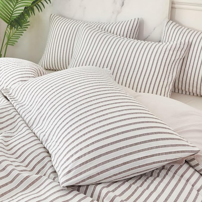 Grey Duvet Cover Queen Size Striped Washed Microfiber Jacquard 3 Pieces Bedding Set, Grey White Vertical Ticking Stripes Pattern Comforter Cover with Zipper Closure Breathable Durable Soft Comfy