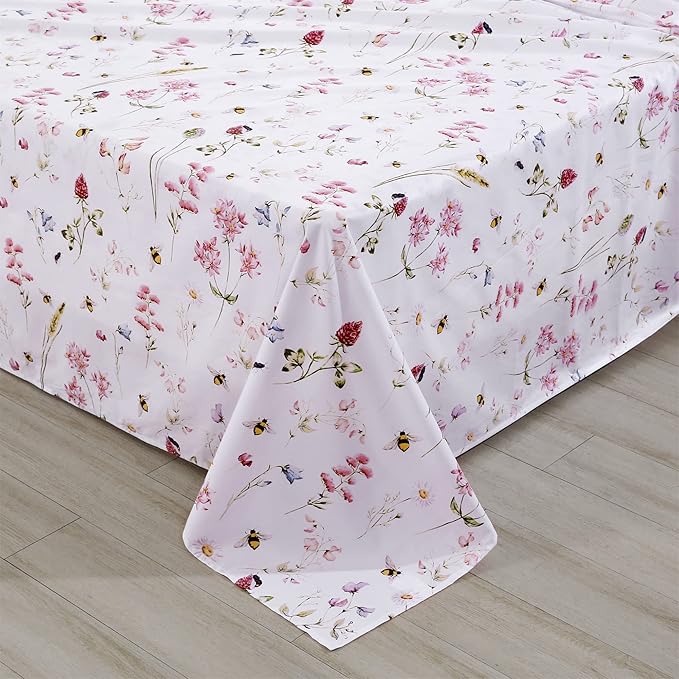 RYNGHIPY Shabby Floral Bees Print Bedding Sheets with Pillowcases, Breathable Egyptian Cotton Bed Sheet Set (Bee,Queen Size)