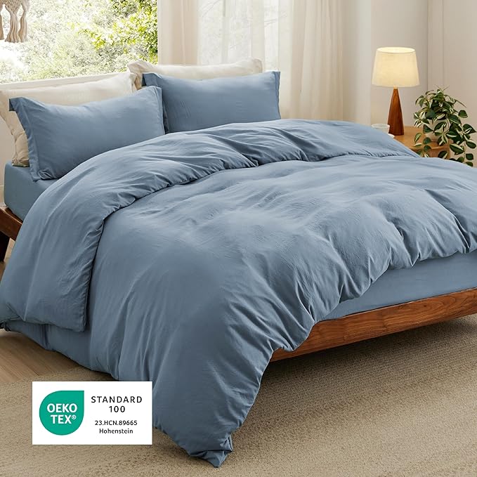 Bedsure Duvet Cover Queen Size with Fitted Sheet - 4 Pieces Prewashed Cotton-Like Extra Soft Bedding Set, Includes 1 Duvet Cover 90x90 Inches, 2 Pillow Shams, 1 Fitted Sheet, Mineral Blue