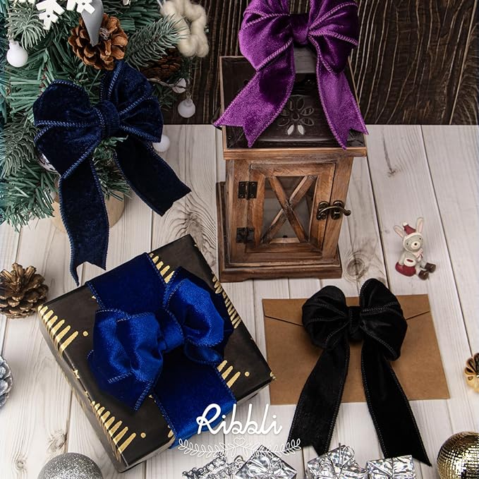 Ribbli Navy Velvet Wired Ribbon 2.5 Inch Velvet with Satin Christmas Ribbon for Gift Wrapping Christmas Tree Decoration Crafts Wreaths Supplies-Continuous 10 Yards