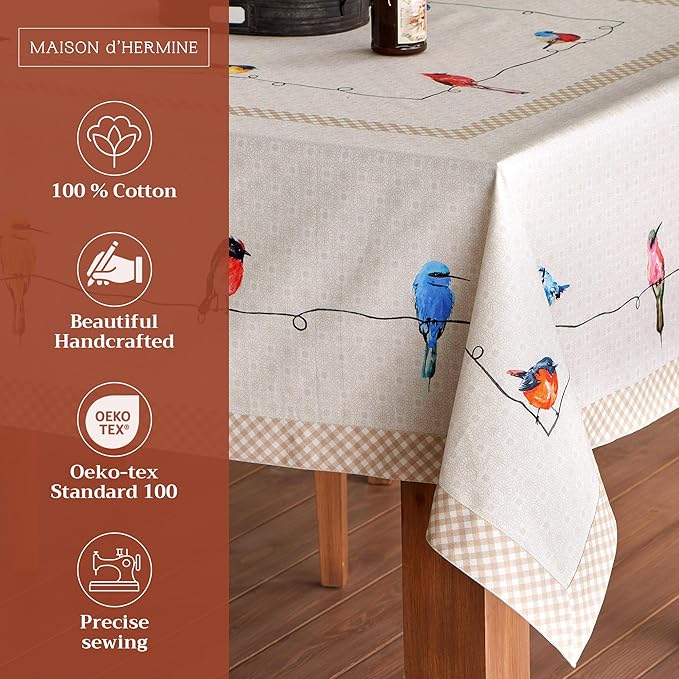 Maison d' Hermine Table Cloth Square Table 100% Cotton 54 x 54 Inches Tablecloth Reusable Decorative for Dining Room, Farmhouse, Home, Party, Festive & Wedding Spring Summer - Birdies On Wire