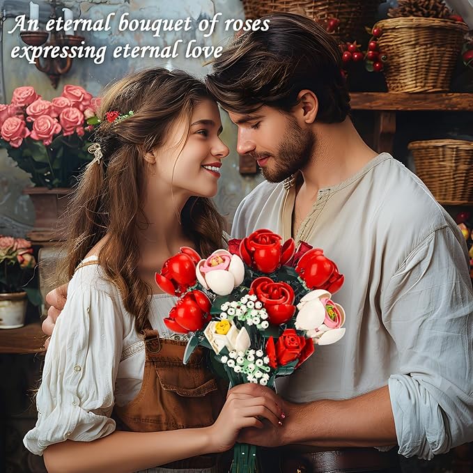 Roses Flower Bouquet Building Kit, Artificial Roses Flower Bouquet Building Set with Vase, DIY Artificial Flower Bouquet Set for Home Office Decoratin, Valentine Christmas