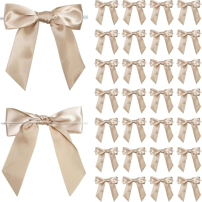 Champagne Satin Ribbon Twist Tie Bows 5 Inch Pre-Tied Champagne Gold Gift Bows for Crafts, Treat Bags, Party Favors, Wedding, Baby Shower, Candy Apple, Christmas Tree (36 Pack)
