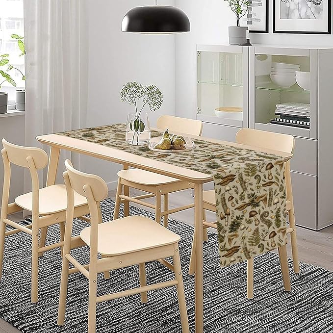 Vintage Woodland Mushroom Table Runner, Rustic Forest Green Plants Wild Mushroom Ferns Daisy Print Kitchen Dining Table Runners for Indoor Outdoor Home Party Holiday Decor, 13x90inch