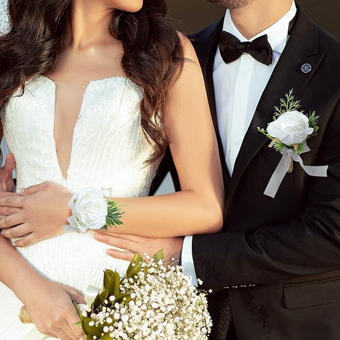 Artificial Flowers White Rose Wrist Flowers and Men's Corsage Wedding Flowers Ceremony Prom Flower (1 Boutonniere & 1 Wrist Corsage White)