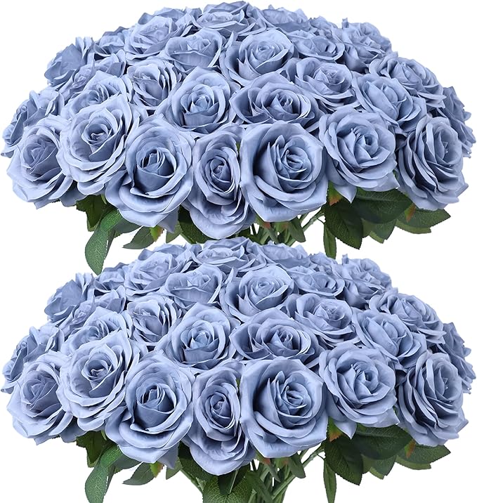 Artificial Rose Flower Dusty Blue Flowers Dusty Blue Roses Silk Flowers 50 pcs with Long Stem Silk Roses Bouquet for Wedding Bridal Shower Party Home Decoration
