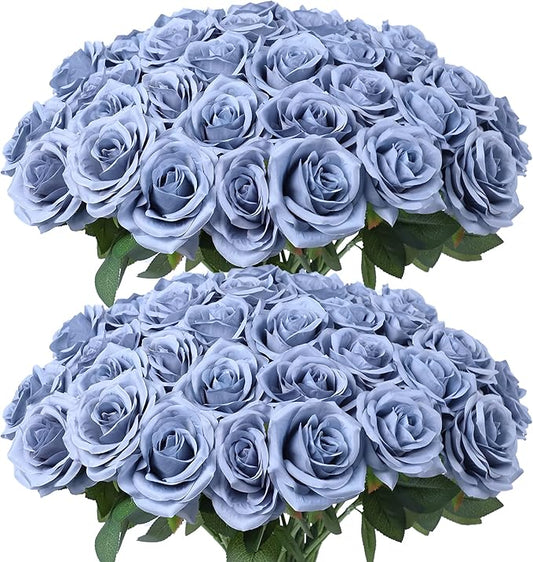Artificial Rose Flower Dusty Blue Flowers Dusty Blue Roses Silk Flowers 50 pcs with Long Stem Silk Roses Bouquet for Wedding Bridal Shower Party Home Decoration