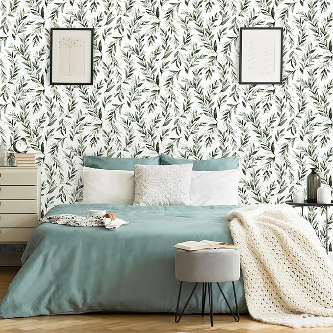 Erfoni Green Leaf Peel and Stick Wallpaper Floral Contact Paper 17.7inch x 393.7inch Greenery Leaves Self Adhesive Wallpaper Peel and Stick Olive Botanical Flowers Wall Paper Decoration Vinyl Film