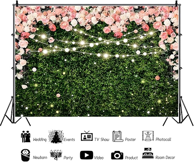 8x6ft Flower Wall Backdrop Pink Rose Floral Blossom Green Leaves Photography Background Women Girls Birthday Party Wedding Banner Decorations Portraits Supplies Photo Booth Props