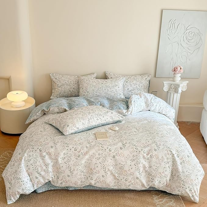EAVD Girls Floral Botanical Duvet Cover Twin Soft Cotton Chic Shabby Garden Floral Leaves Print Bedding Set with 2 Pillowcases Fresh Cute Floral Comforter Cover with Zipper Closure