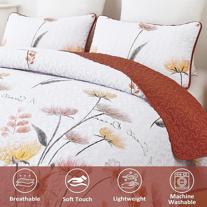 Floral Quilt Set Full/Queen Size,Burnt Orange Bedspread Queen Botanical 3 Pieces Cute Quilts Microfiber Lightweight Flower Coverlet Sets Soft Reversible White Bedding Set for All Season( 96"x90")